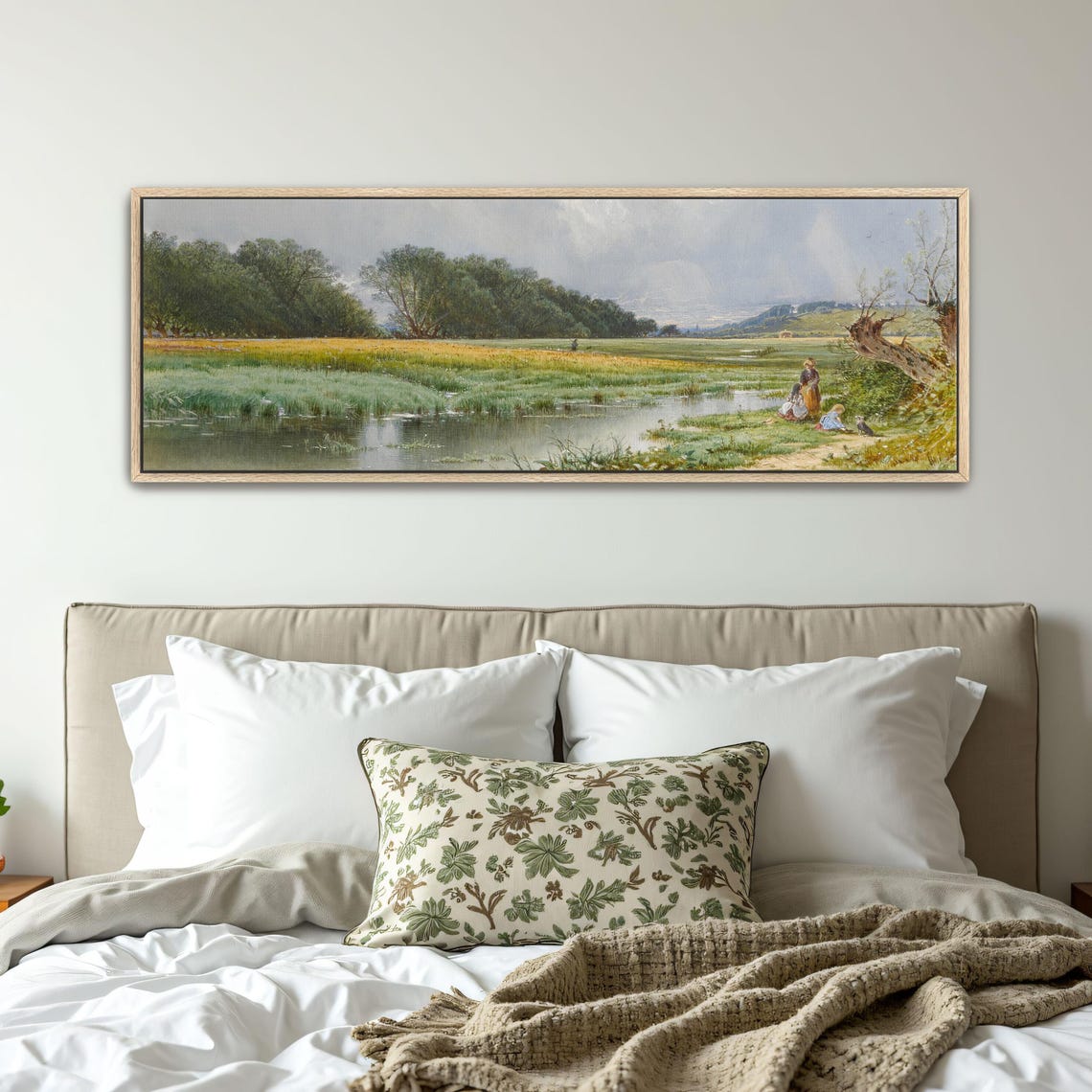 Countryside Landscape With Figures And A Stream Panoramic Wall Art Horizontal Framed Art Above Bed Wall Art Bedroom And Living Room - Image 5