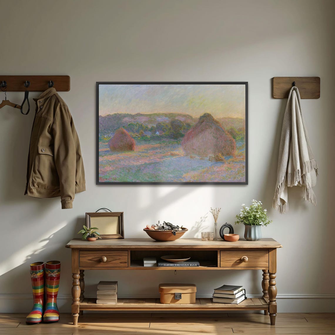 Claude Monet Framed Print Haystacks In A Field At Sunset Landscape Print Green And Blue Entryway Decor - Image 3
