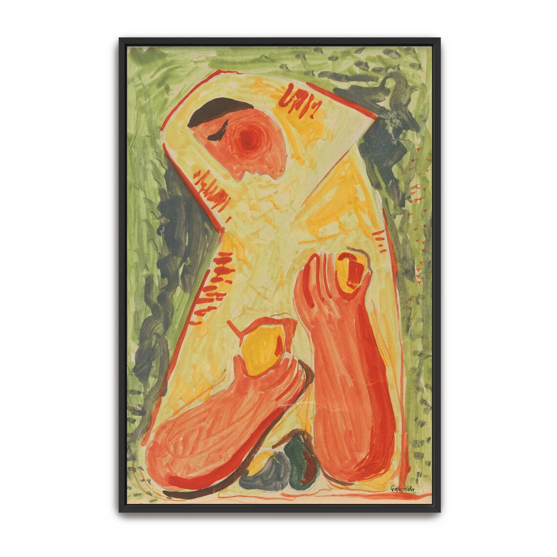 Large Framed Print Of Woman With Fruit In A Yellow Dress Portrait Print Green And Yellow Bedroom Artwork Abstract Decor