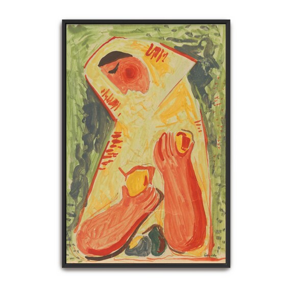 Large Framed Print Of Woman With Fruit In A Yellow Dress Portrait Print Green And Yellow Bedroom Artwork Abstract Decor