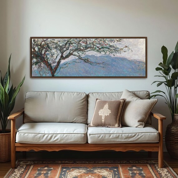 Impressionist Landscape Painting With Tree Panoramic Wall Art Horizontal Framed Art Above Bed Wall Art Bedroom And Living Room Art