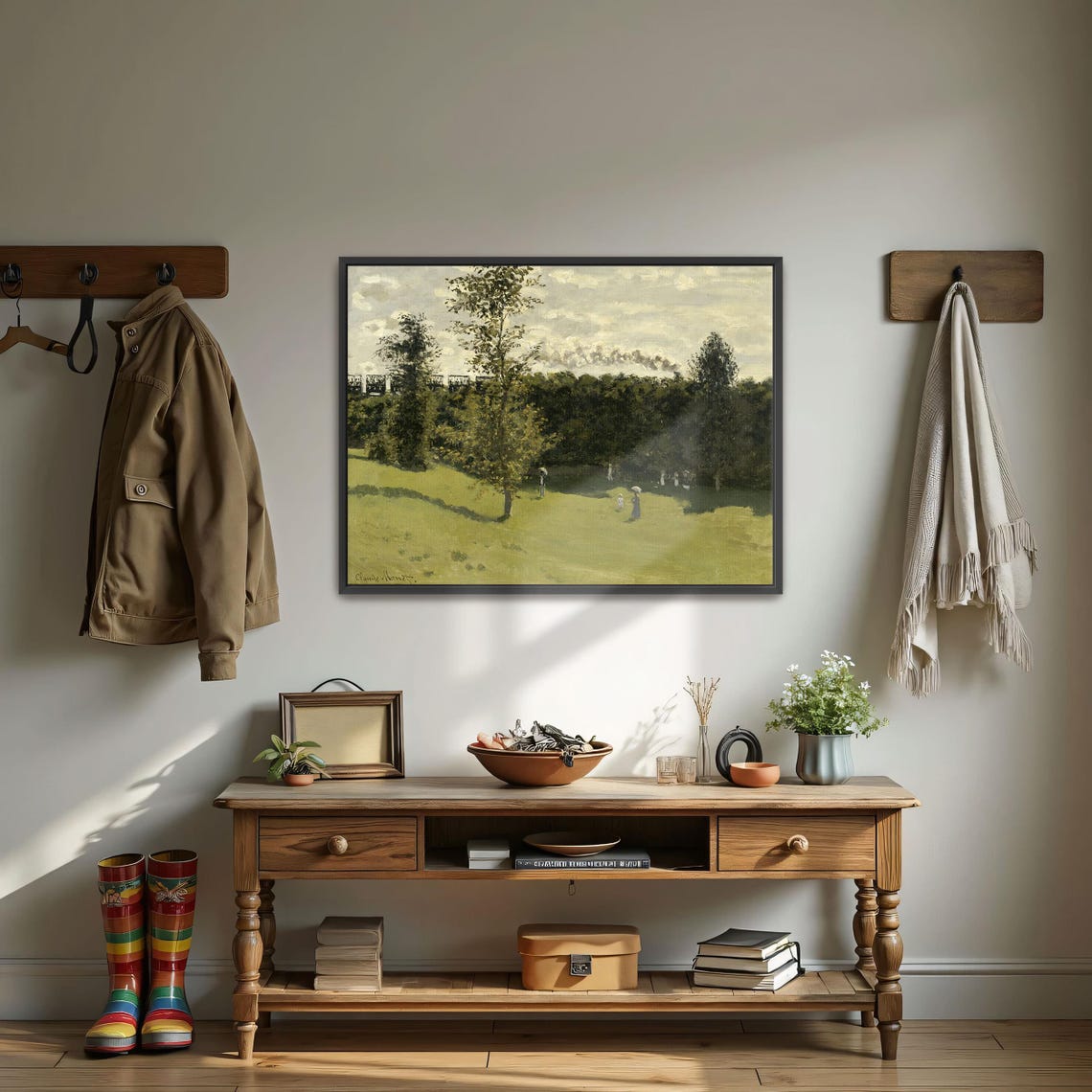 Claude Monet Framed Wall Art Train In A Green Landscape Landscape Fine Art Print Green And Gray Entryway Art Rustic Oil Painting - Image 3