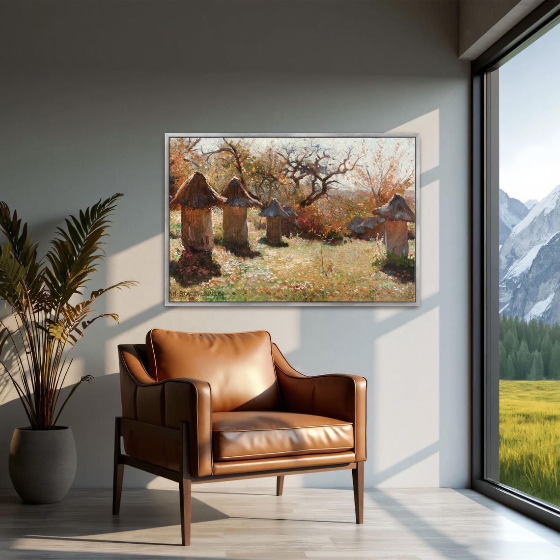 Thatched Beehive Huts In A Sunlit Autumn Forest Clearing Poster - Image 2