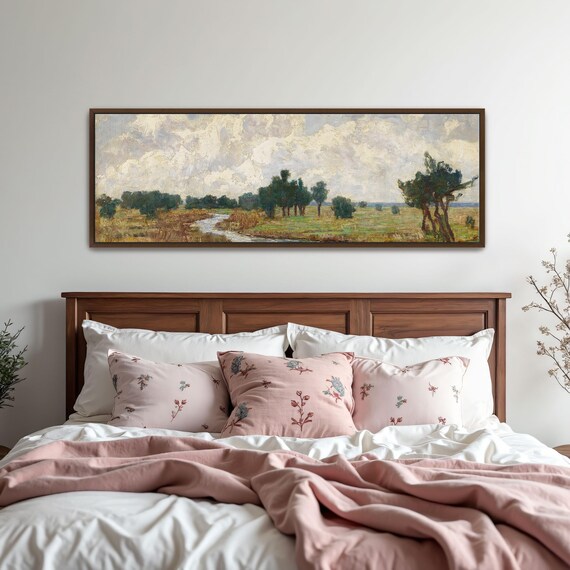 Landscape Painting With River And Trees Panoramic Wall Art Horizontal Framed Art Above Bed Wall Art Bedroom And Living Room Art Wide