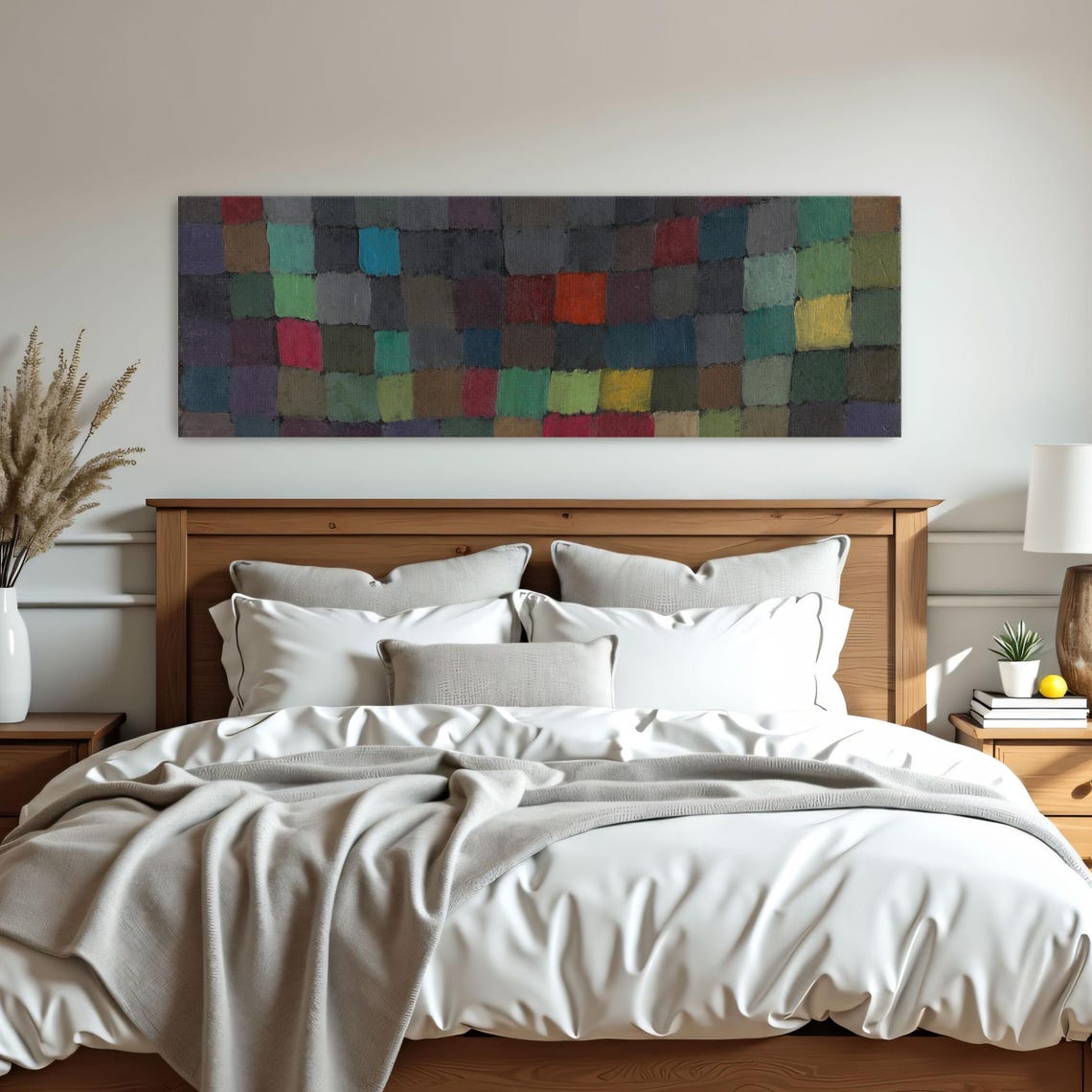Abstract Geometric Grid Painting Panoramic Wall Art Horizontal Framed Art Above Bed Wall Art Bedroom And Living Room Art Wide Narrow
