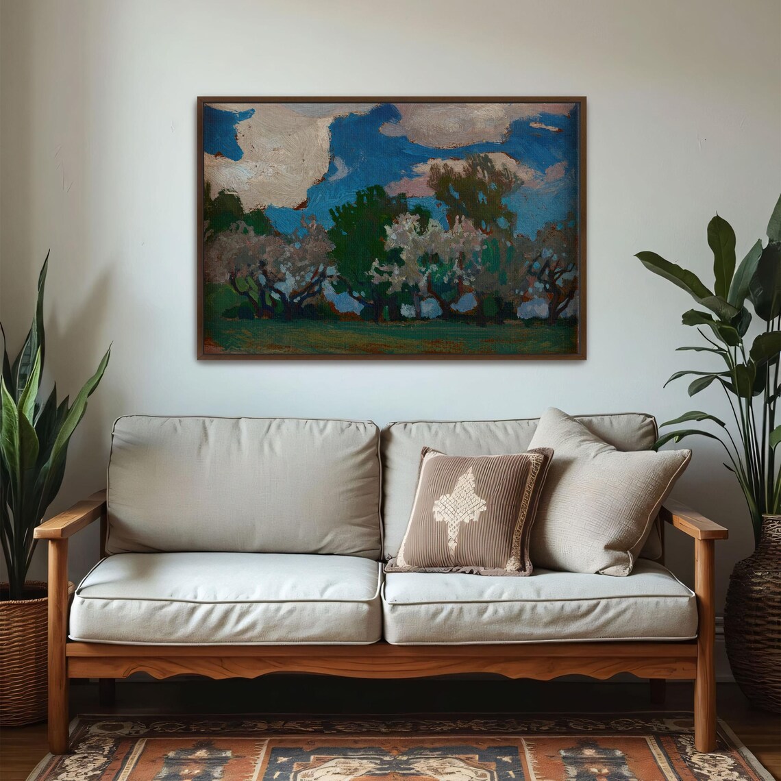 Framed Wall Art Of A Landscape Painting Of Trees In Bloom Landscape Print Green And Blue Entryway Decor Rustic Oil Painting - Image 5
