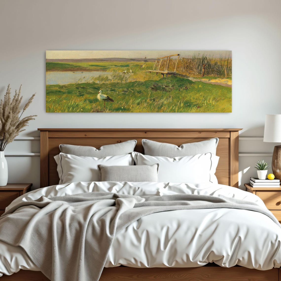 Stork In Grassy Meadow With Wooden Bridge Panoramic Wall Art Horizontal Framed Art Above Bed Wall Art Bedroom And Living Room Art Wide - Image 3