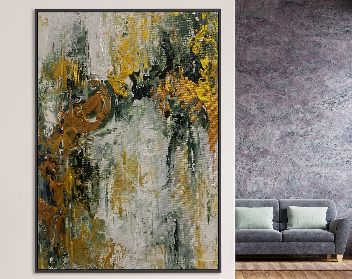 Gold Green White Earthy Textured Abstract Vertical Art Poster