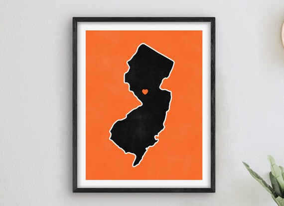 New Jersey State Map with Heart on Orange Retro Graduation Gift Poster