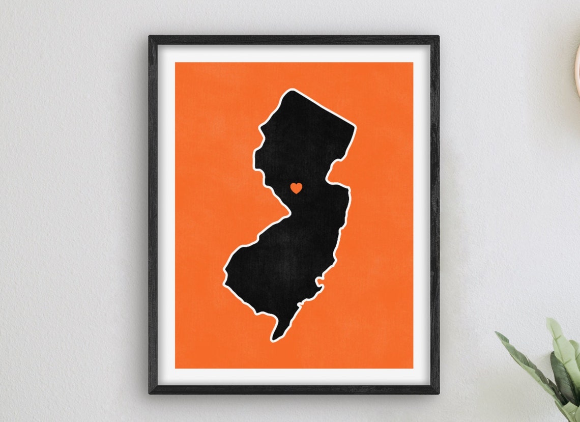 New Jersey State Map with Heart on Orange Retro Graduation Gift Poster