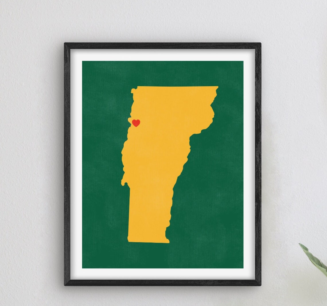 Mustard Vermont State Outline Red Heart on Deep Green Art Poster