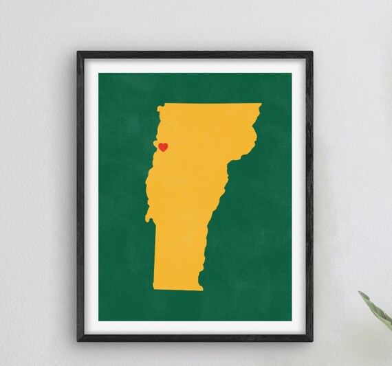 Mustard Vermont State Outline Red Heart on Deep Green Art Poster