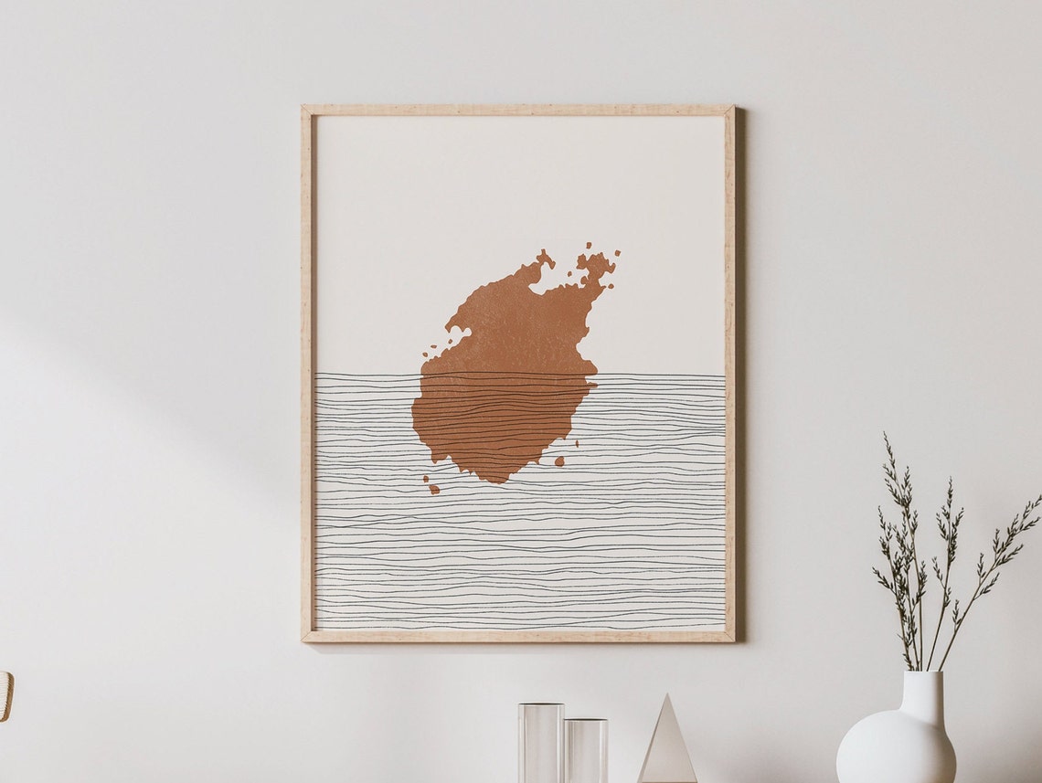Minimalist Terracotta Island Shape Sea Waves Boho Art Poster