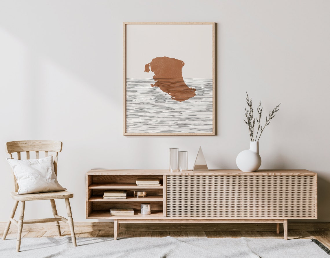 Warm Terracotta Island Map Minimalist Coastal Line Art Poster