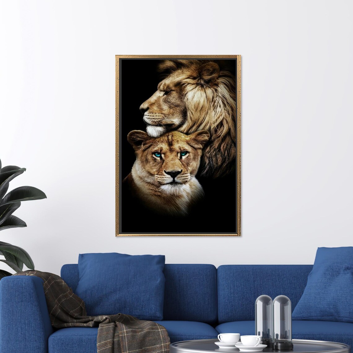 Lion and Lioness Couple Portrait Glowing on Black Background Poster - Image 2