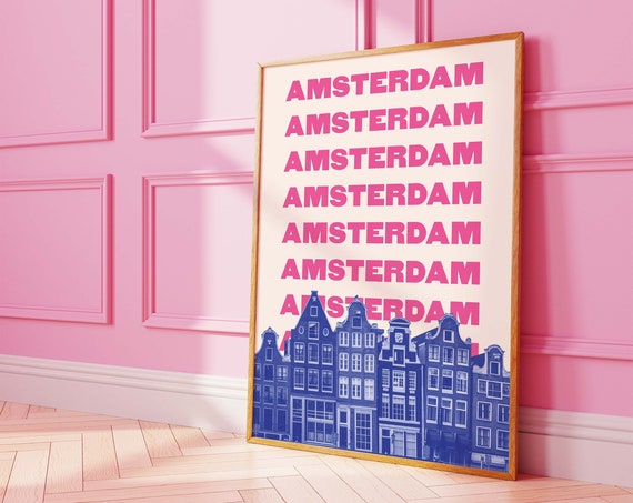 Amsterdam Travel Print Art Pink Blue Amsterdam Travel Exhibition Print Cute Trendy Wall Art