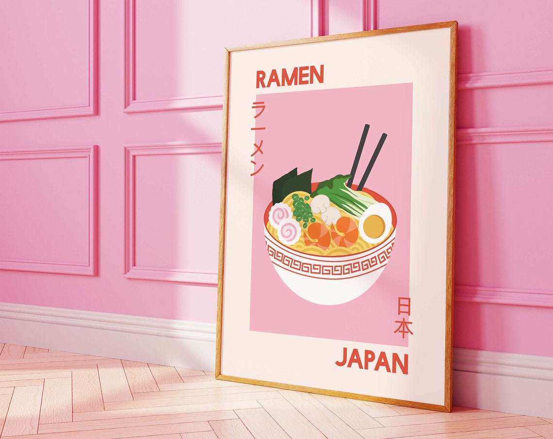 Japanese Ramen Bowl Poster with Pink Kitchen Art and Chopsticks