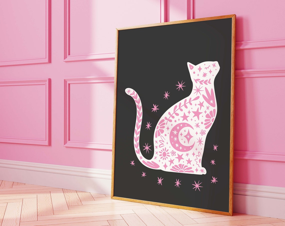 White Celestial Cat Black Background Pink Stars Halloween Poster
