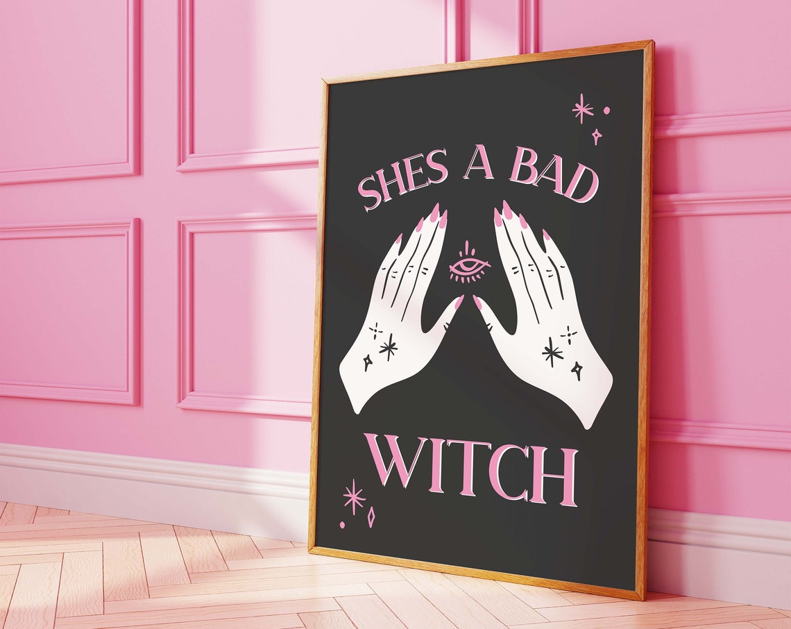 Shes A Bad Witch Hands Evil Eye Pink on Black Gothic Wall Art