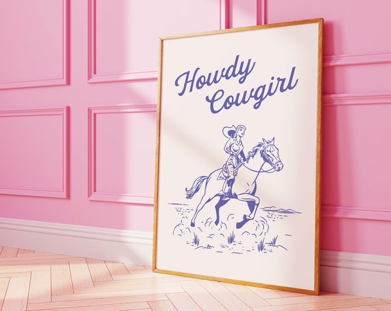Howdy Cowgirl Print Art Retro Blue Wall Art Country Western Art Print Trendy Retro Wall Art