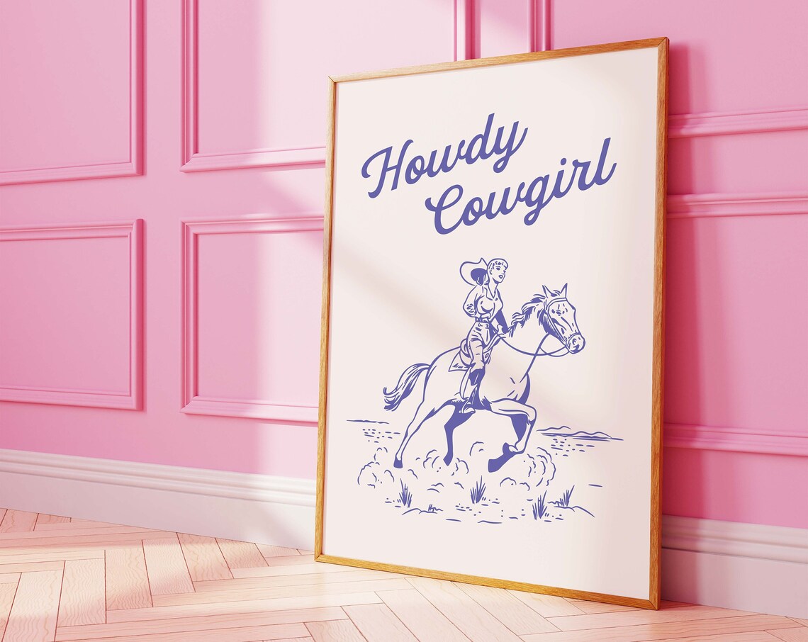 Howdy Cowgirl Blue Horseback Rider Retro Western Style Wall Art