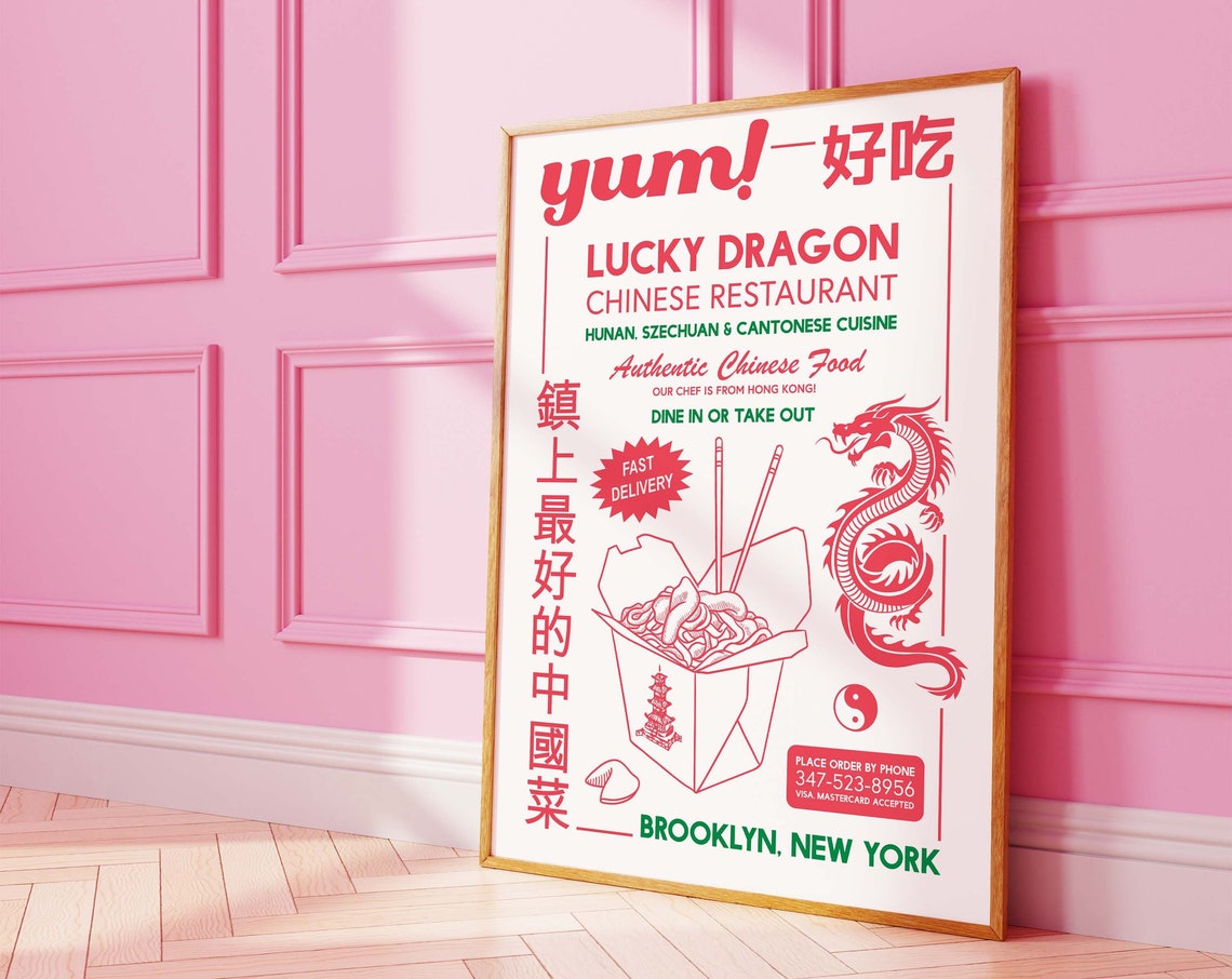 Lucky Dragon Chinese Restaurant Retro Brooklyn Takeout Menu Poster