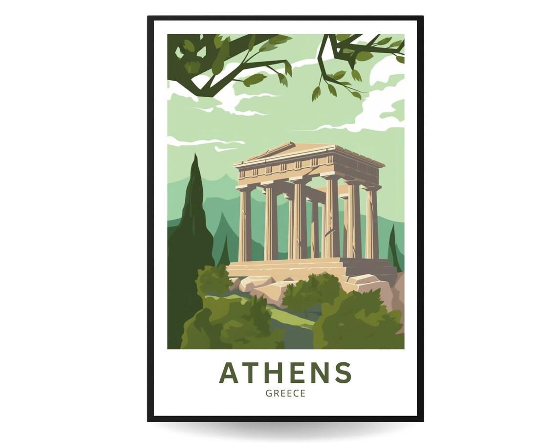 Athens Greece Ancient Temple Cypress Green Travel Art Poster - Image 2