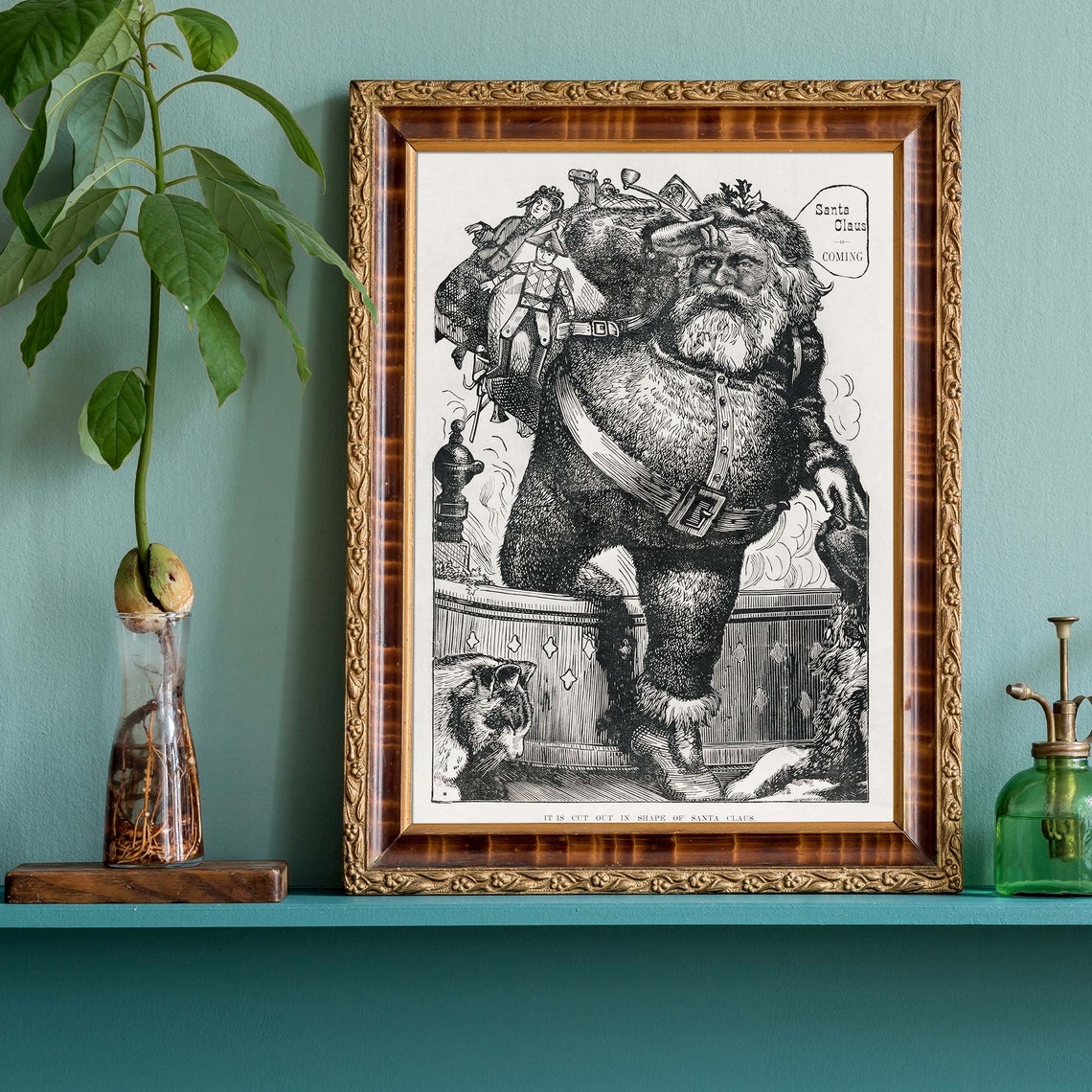 Vintage Santa Claus Is Coming Black White Engraving Holiday Poster - Image 2