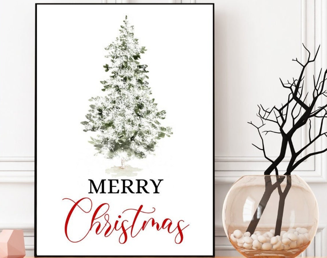Merry Christmas Snowy Watercolor Pine Tree Holiday Script Poster