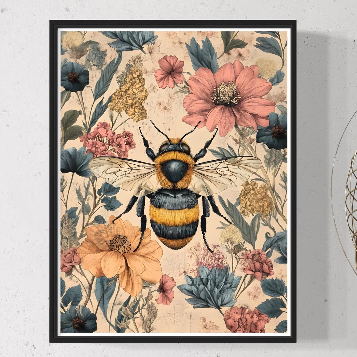 Bumblebee Vintage Floral Botanical Illustration Cottagecore Poster