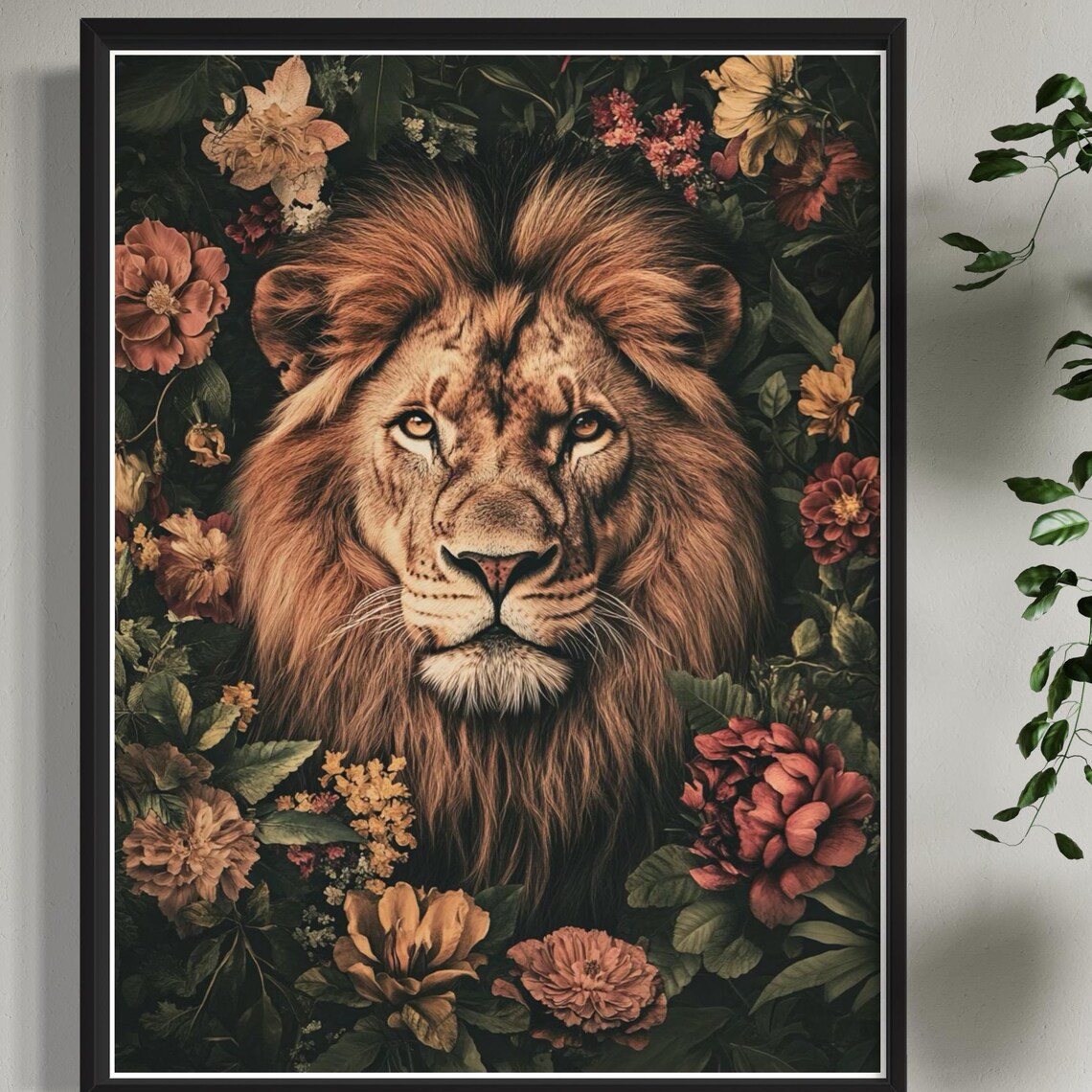 Lion Mane Autumn Flowers Dark Jungle Wildlife Portrait Poster - Image 4