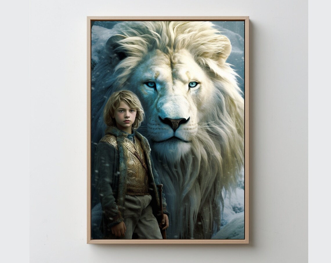 White Lion and Young Hero Winter Fantasy Magical Wildlife Poster