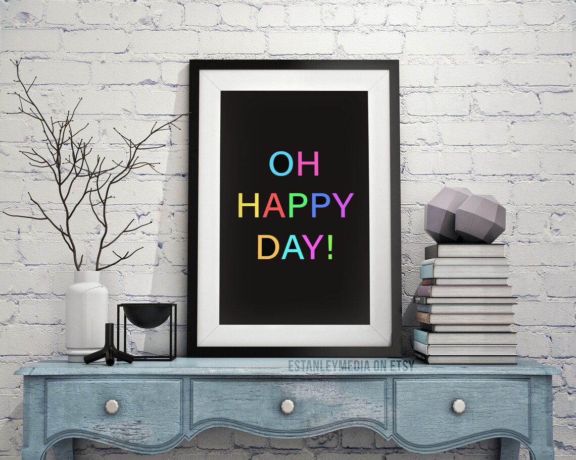 Oh Happy Day Colorful Rainbow Lettering Fun Quote Poster on Black - Image 2