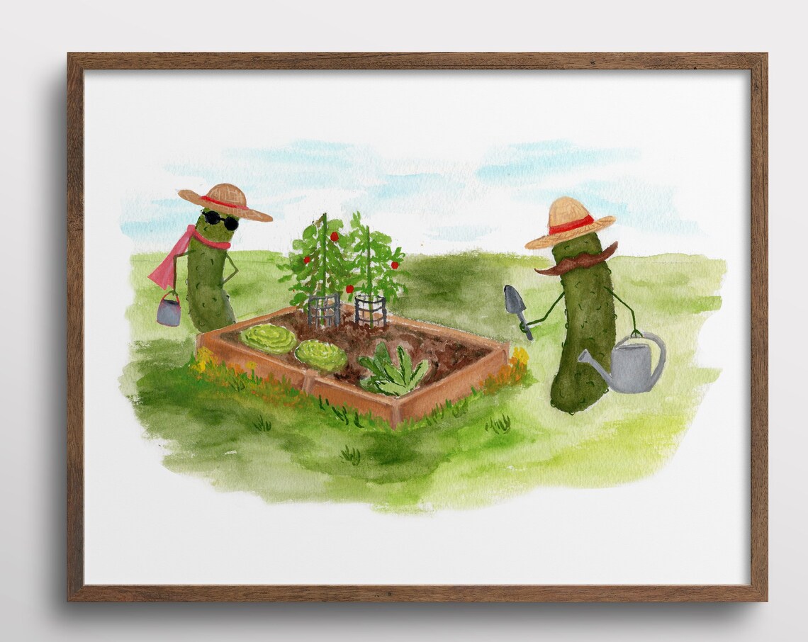 Whimsical Pickles Gardening Watercolor Art Print