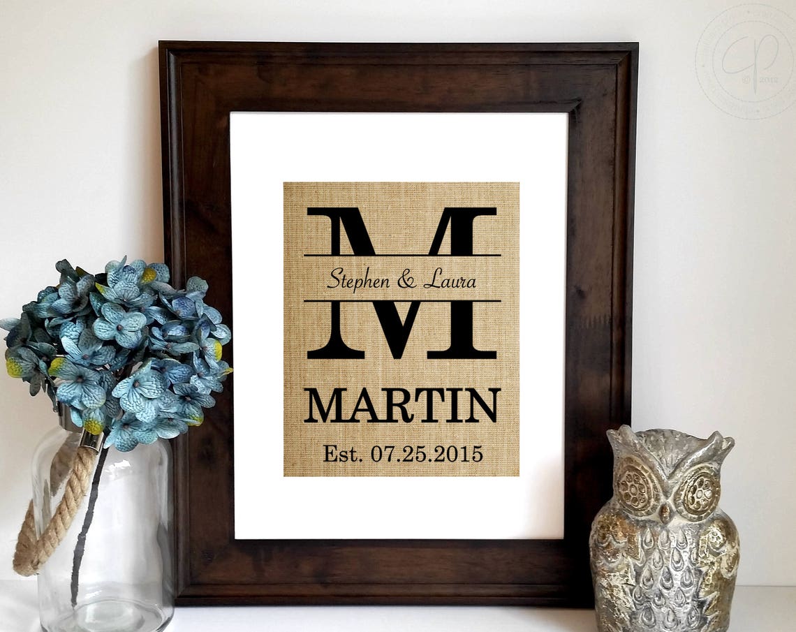 Stephen and Laura Martin Split Monogram Wedding Est 2015 Burlap Poster