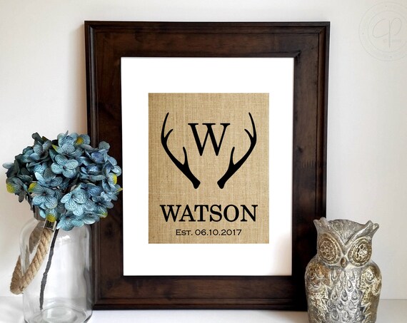 Watson W Deer Antler Monogram Est 2017 Rustic Wedding Burlap Poster