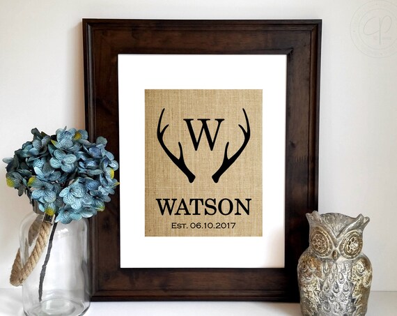 Rustic Deer Antler Monogram Family Name Woodland Cabin Burlap Print