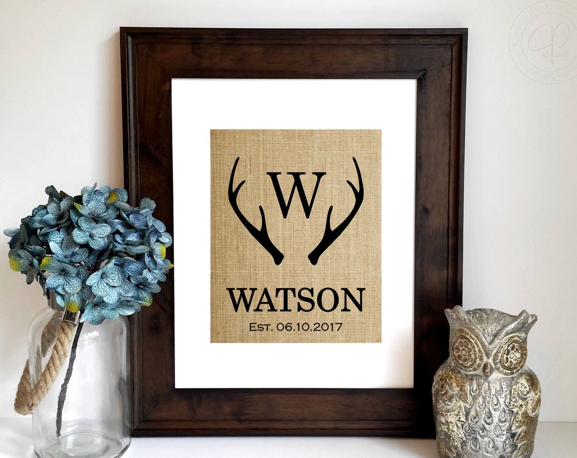 Rustic Deer Antler Monogram Family Name Woodland Cabin Burlap Print