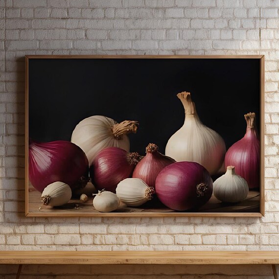 Assorted Onions And Garlic Culinary Still Life Dark Kitchen Poster