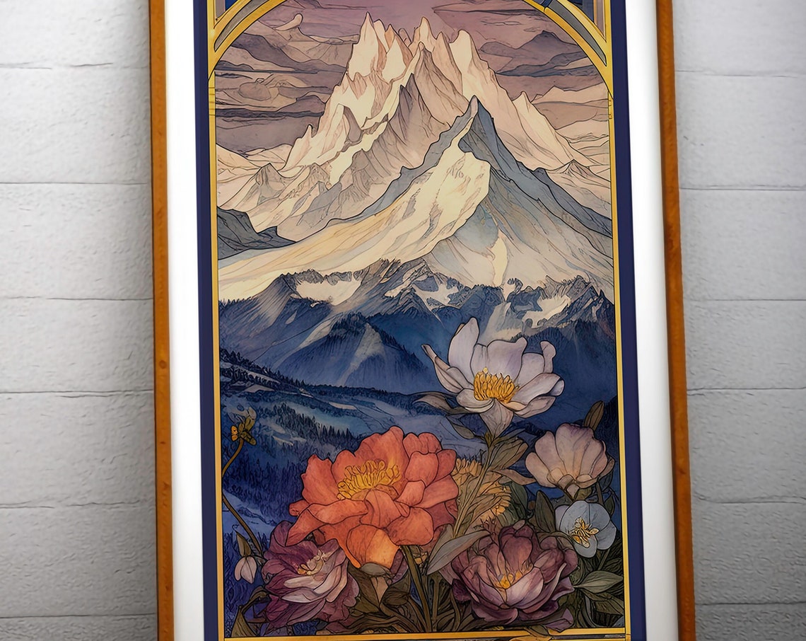 Snowy Alpine Mountain Peak Wildflower Art Nouveau Style Poster