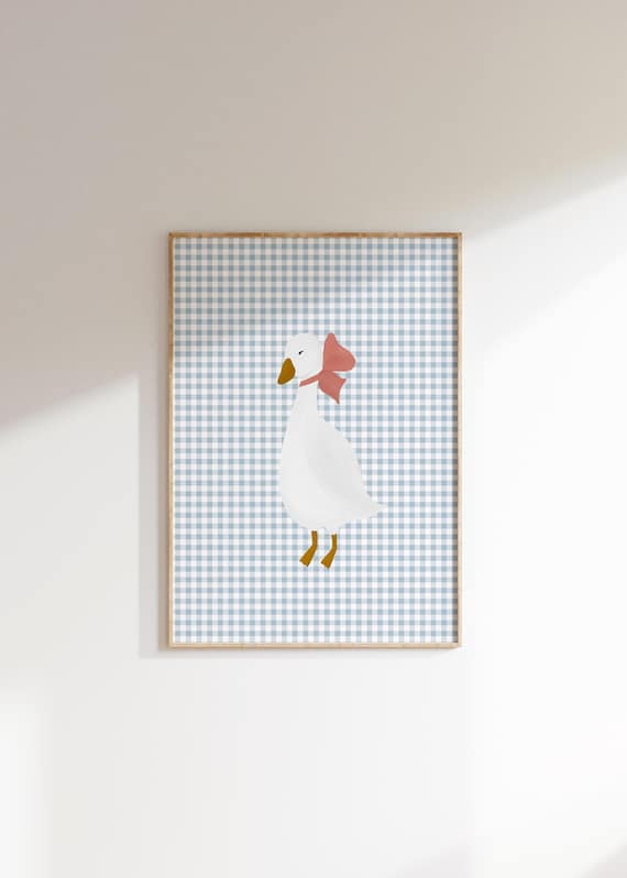 White Goose Pink Bow Blue Gingham Sweet Girls Room Nursery Poster