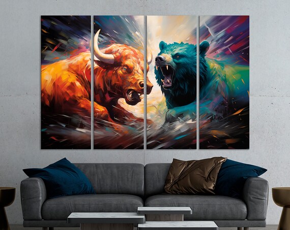 Bull vs Bear Stock Market Clash Vibrant Painterly Multi Panel Poster