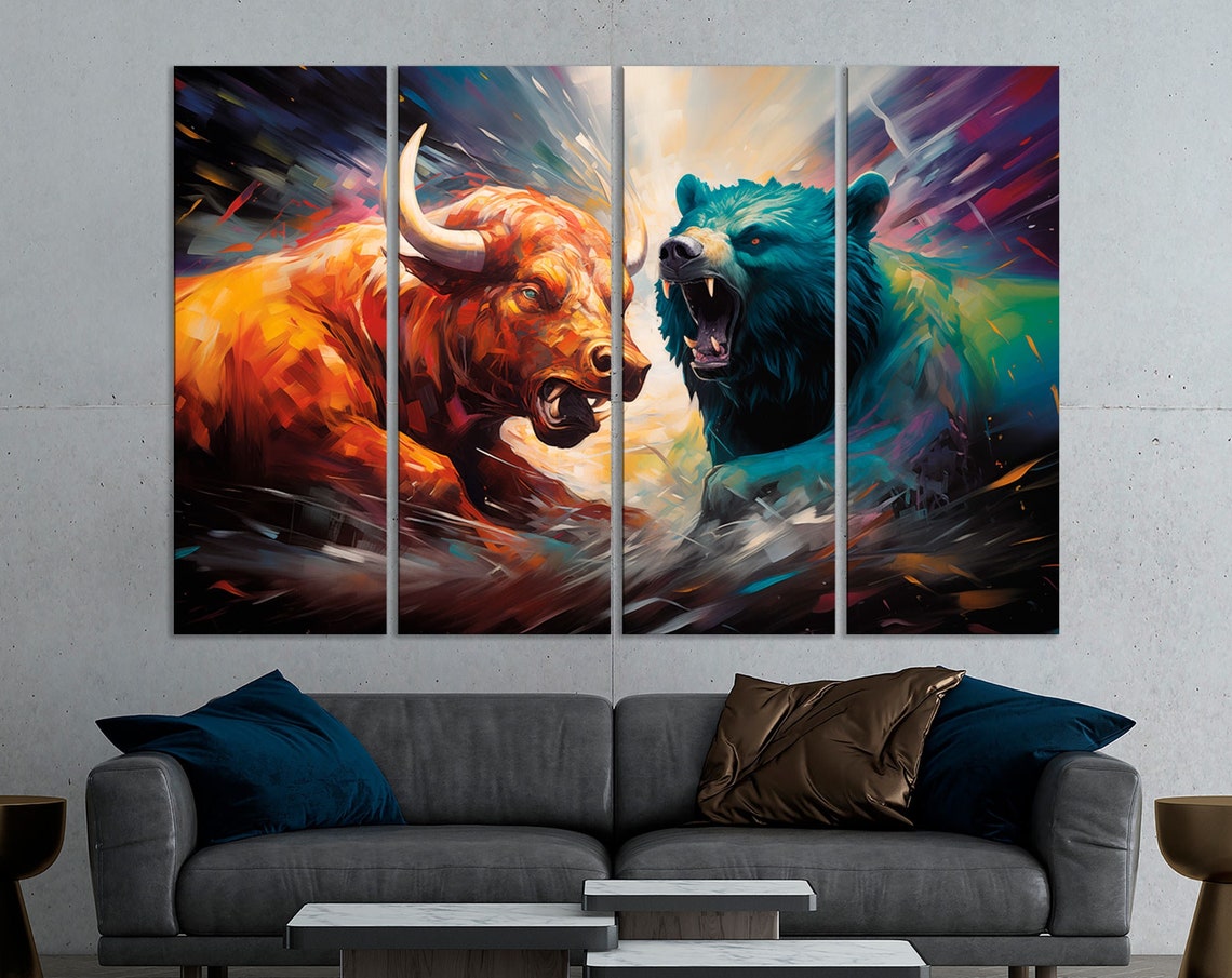 Bull vs Bear Stock Market Clash Vibrant Painterly Multi Panel Poster