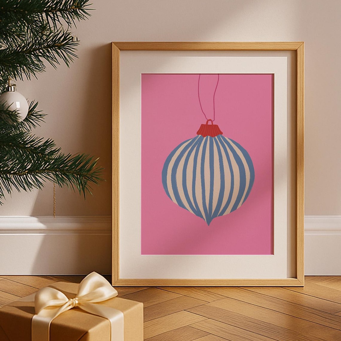 Pink Christmas Ornament Striped Blue Bauble Holiday Wall Poster