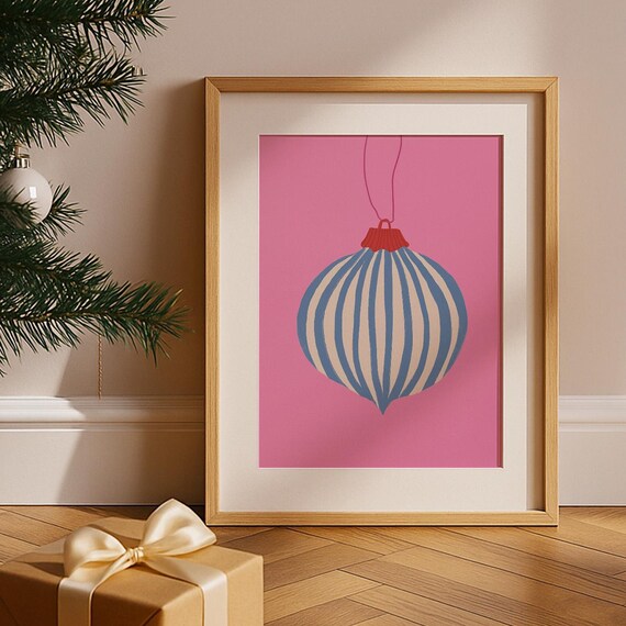 Pink Christmas Ornament Striped Blue Bauble Holiday Wall Poster