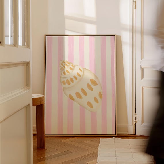 Baby Pink Striped Minimal Seashell Art Print Print Wall Art Trendy Decor Coastal Grandmother Cottage