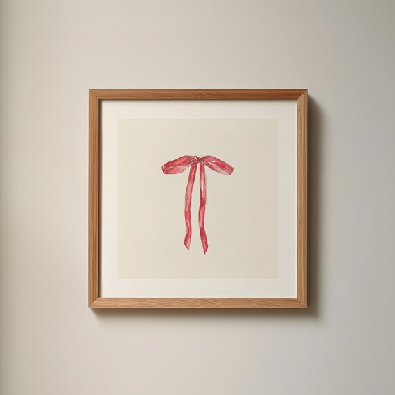 Minimalist Red Ribbon Bow Watercolor Illustration on Cream Poster