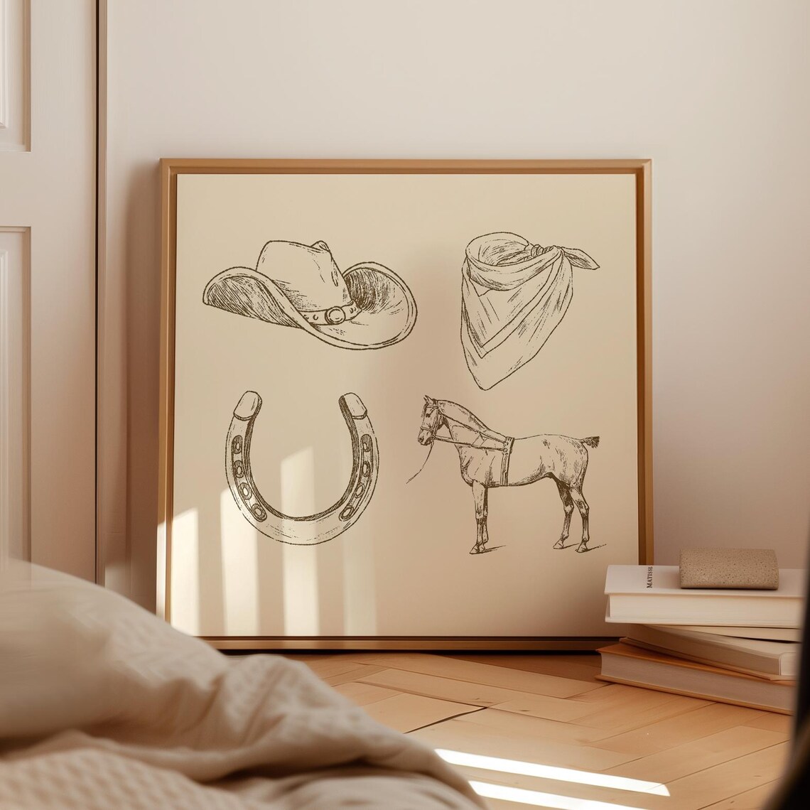 Western Cowboy Gear Horseshoe Horse Black Line Sketch Square Wall Art
