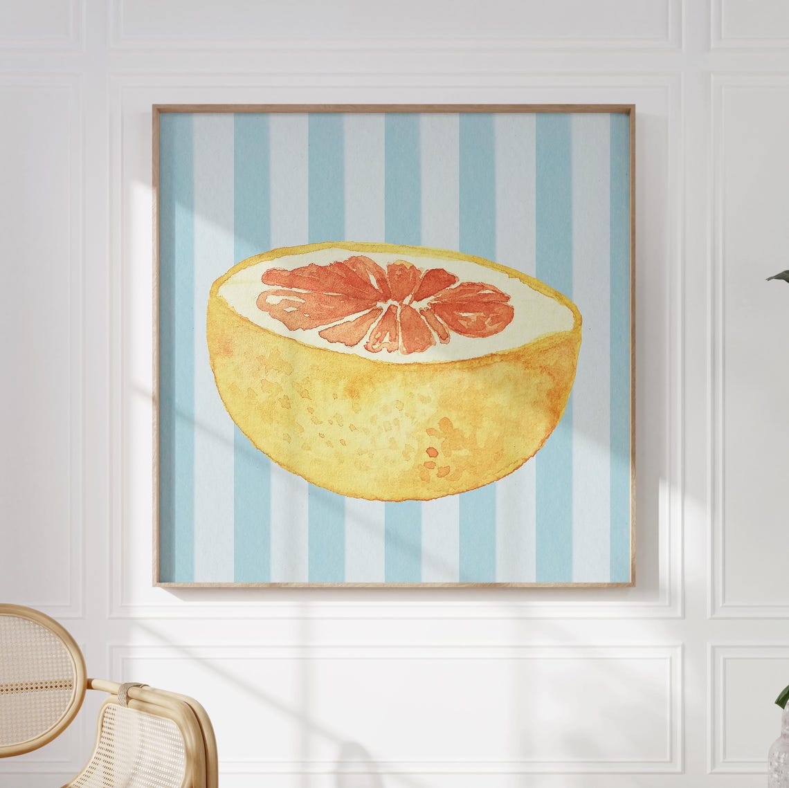 Hand Painted Watercolor Grapefruit Half on Blue Striped Kitchen Poster - Image 2