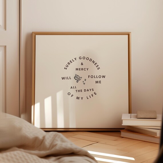 Surely Goodness And Mercy Square Print Wall Art Trendy Decor Minimalist Illustration Living Room Bible Verse Christian Quote